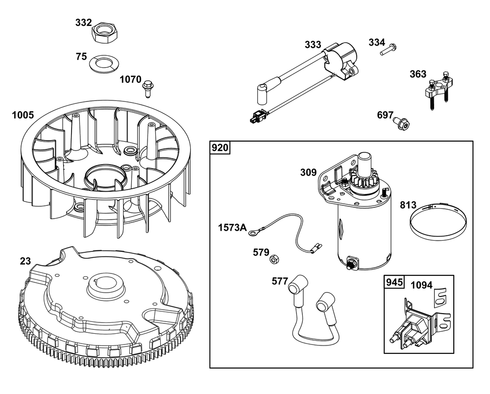 Flywheel, Ignition, And Starter Group Diagram and Parts List for 49X977-0005-J1 400000 - 699999 Briggs and Stratton Engine